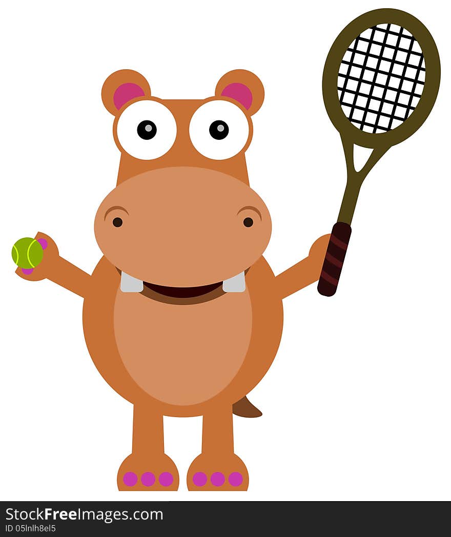 Illustration of a hippopotamus carrying a tennis racket and ball. Illustration of a hippopotamus carrying a tennis racket and ball