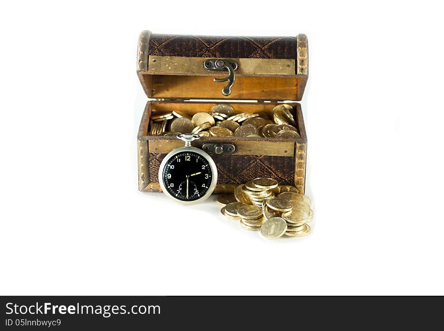 A chest full of gold coins round-the-clock cover is open next to the box of money. A chest full of gold coins round-the-clock cover is open next to the box of money