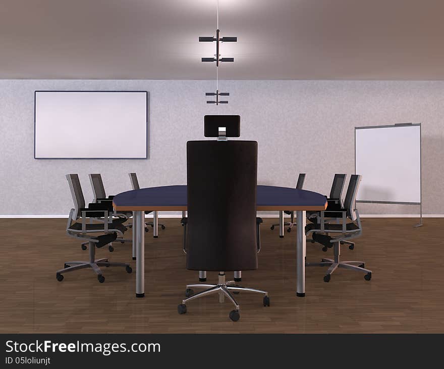 An empty meeting room and conference table. An empty meeting room and conference table