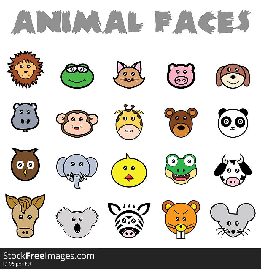 This is a great set of vectorized animals faces. It is full editable and resizable. This is a great set of vectorized animals faces. It is full editable and resizable.