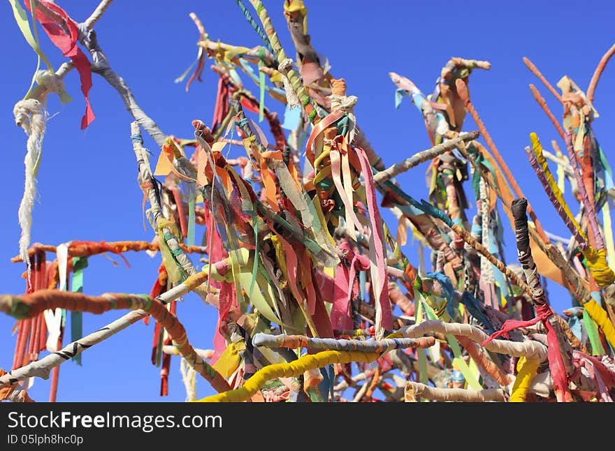 Colorful ribbons and scraps on wishes tree. Colorful ribbons and scraps on wishes tree