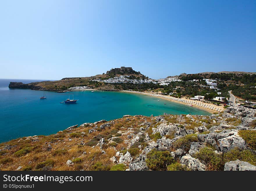 Landscape of the island of Rhodes with a view of the castle and the town of Lindos. Landscape of the island of Rhodes with a view of the castle and the town of Lindos