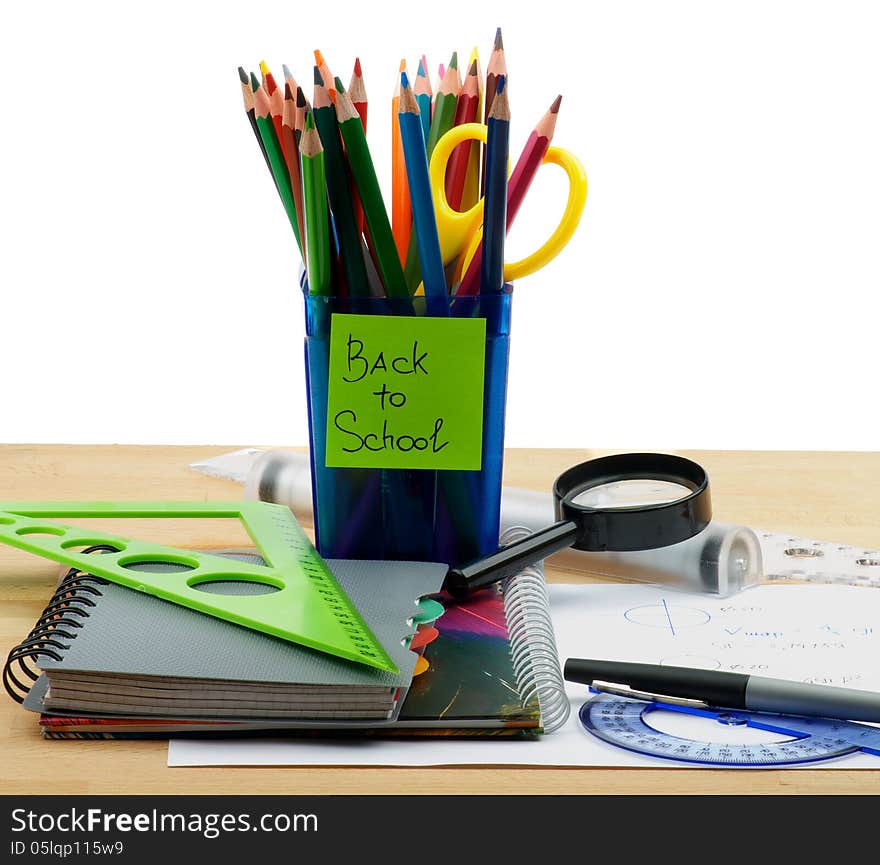 Back to School. Arrangement of School Supplies, Drawing Compass, Magnifier, Ruler Lines and Writing Equipment on School Desk