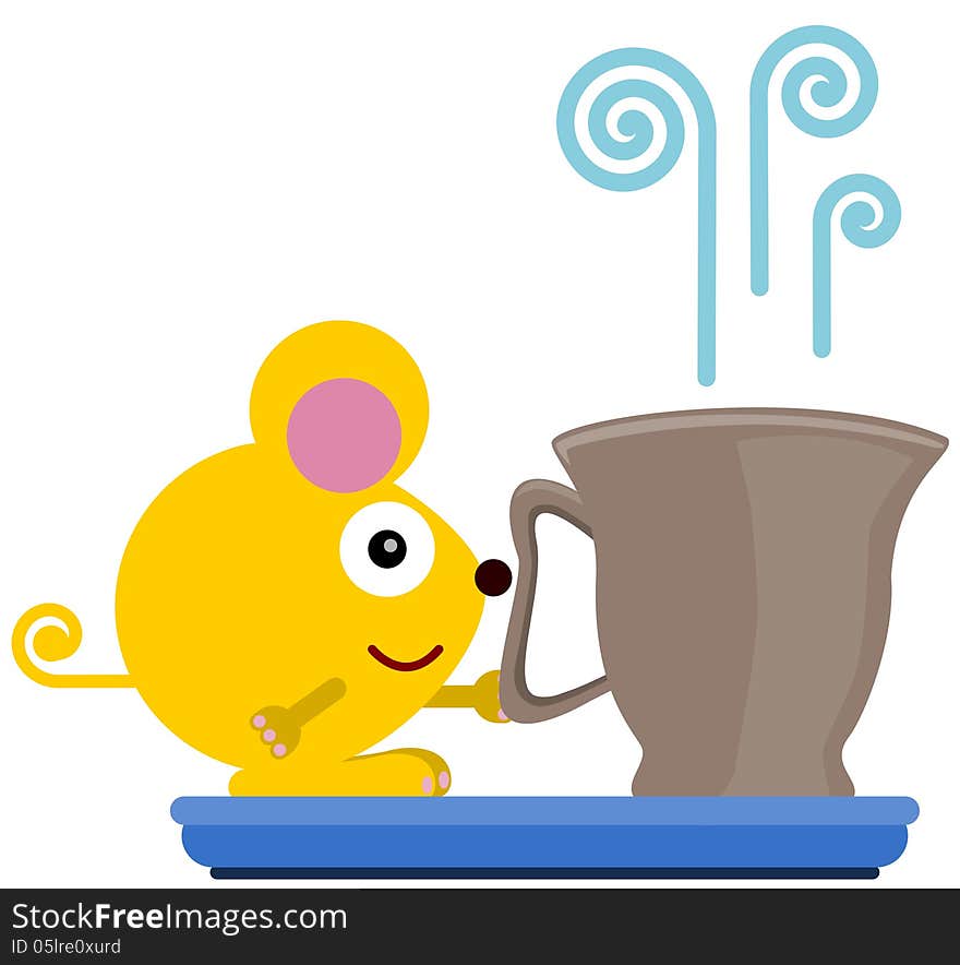 Illustration of a mouse on a plate and holding a hot coffee. Illustration of a mouse on a plate and holding a hot coffee