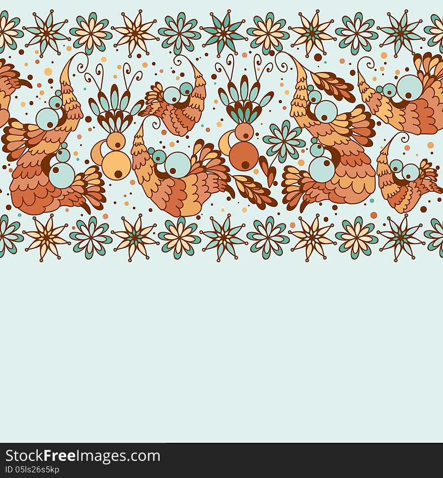 Seamless horizontal lace ornament with flowers and abstract birds. Seamless horizontal lace ornament with flowers and abstract birds.