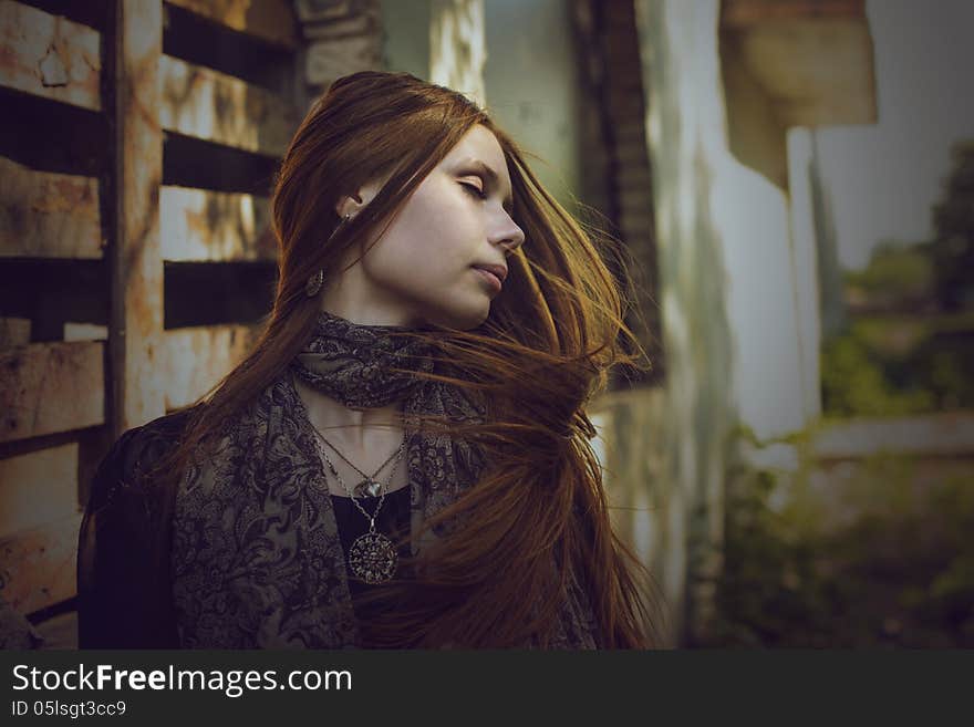 Beautiful Romantic Girl With Long Hair In The Village