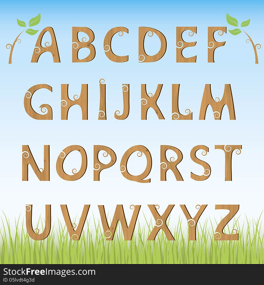 Set wooden letters on light-blue background with grass. Vector illustration. Set wooden letters on light-blue background with grass. Vector illustration