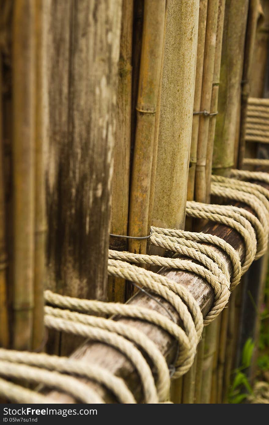 Rope tied to a bamboo fence in garden. Rope tied to a bamboo fence in garden.