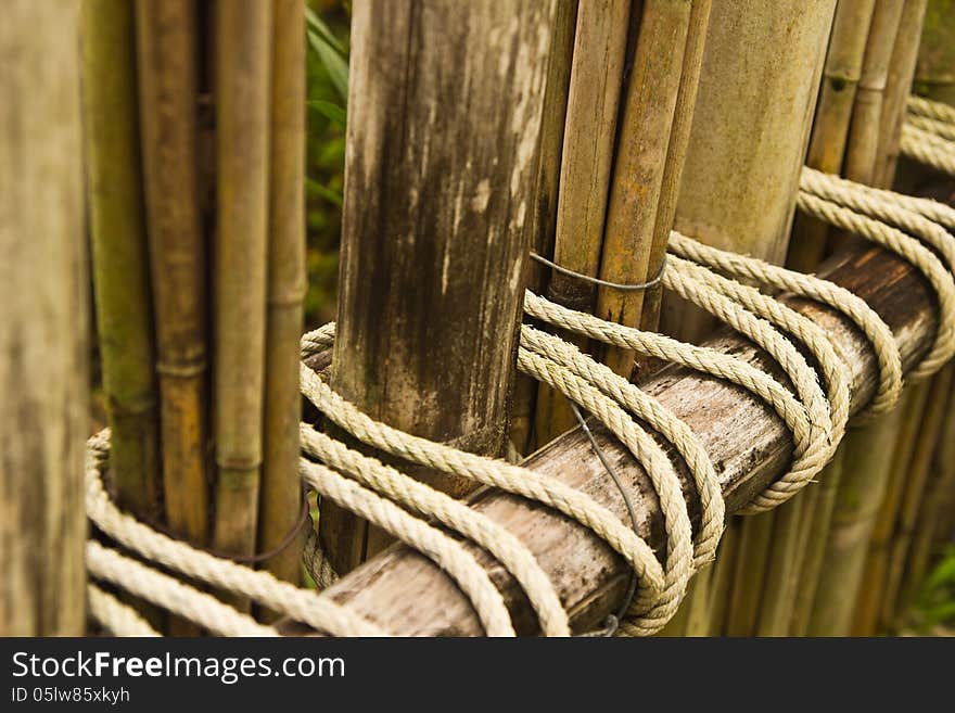 Rope tied to a bamboo fence in garden. Rope tied to a bamboo fence in garden.