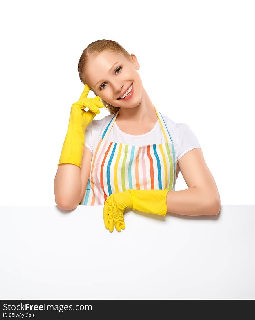 Happy young housewife in glove with white empty billboard isolated on white background