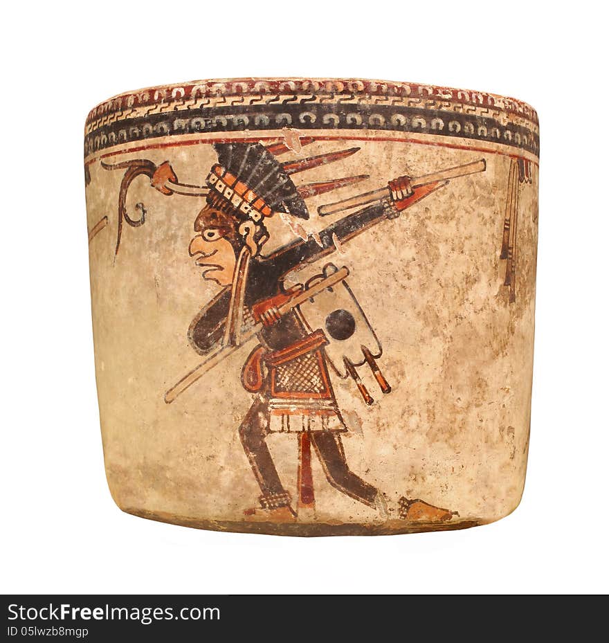 Ancient Mayan Indian decorated pottery vessel with a depiction of a male native dancer. Isolated on white. Ancient Mayan Indian decorated pottery vessel with a depiction of a male native dancer. Isolated on white.