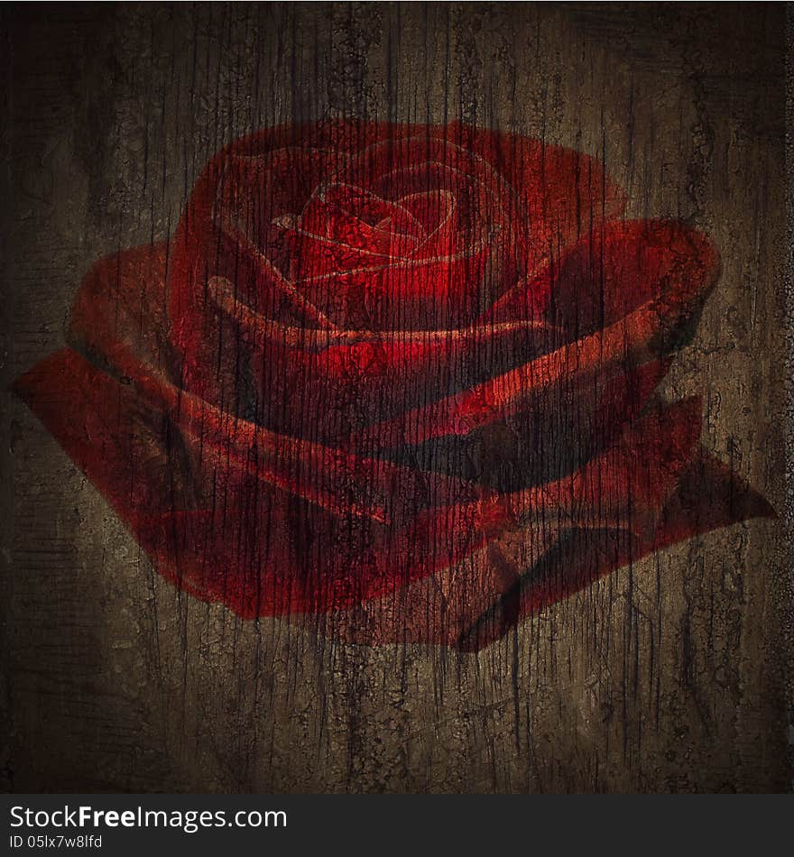 Grunge deep red roses in wooden texture dramatic light
