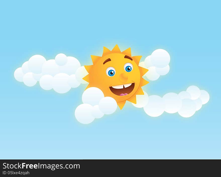 Cute sun illustration / clipart with clouds on blue background. Cute sun illustration / clipart with clouds on blue background