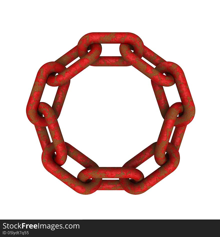 3D model of eroded and rusted red chains connected together isolated on white background