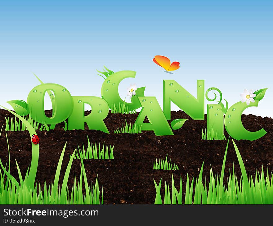 Illustrated word Organic with grass and floral elements on rich black soil