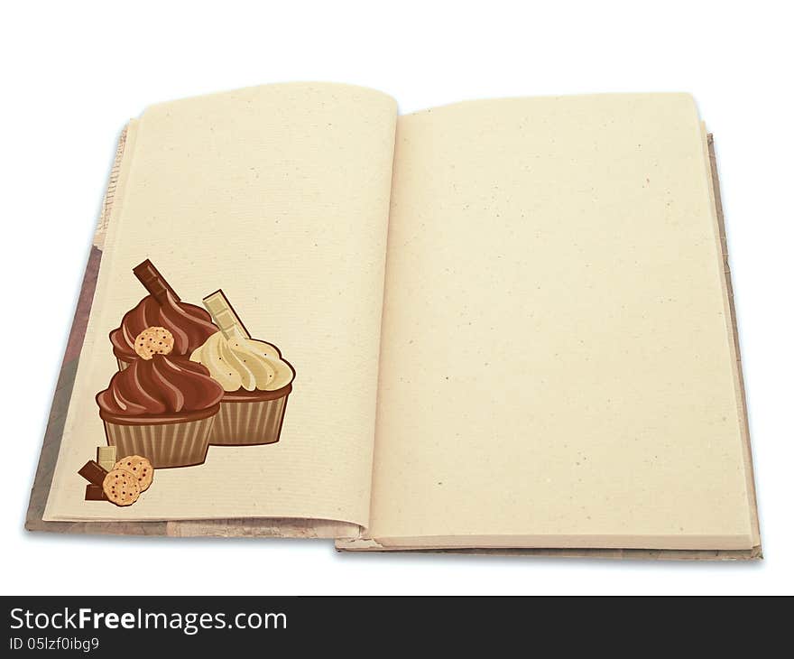 Recipe book illustrated with cupcakes isolated on white
