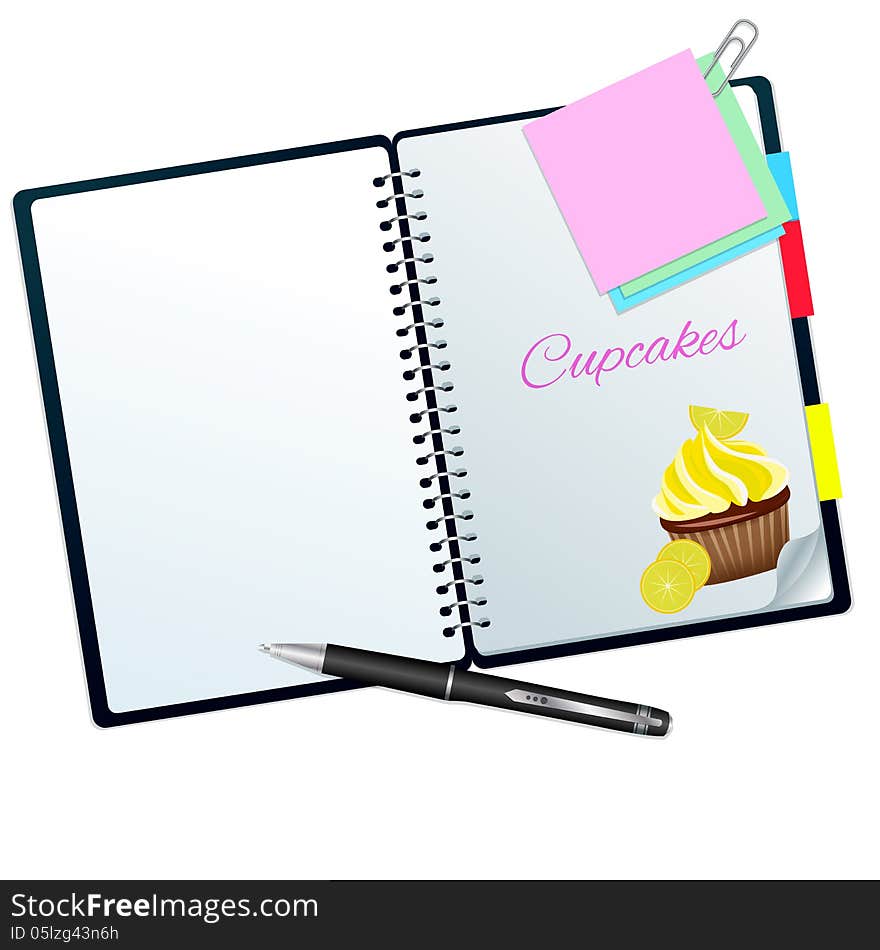 Recipe book illustrated with cupcake isolated on white. Recipe book illustrated with cupcake isolated on white