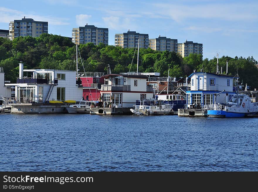 Floating houseboats. Stockholm Sweden.