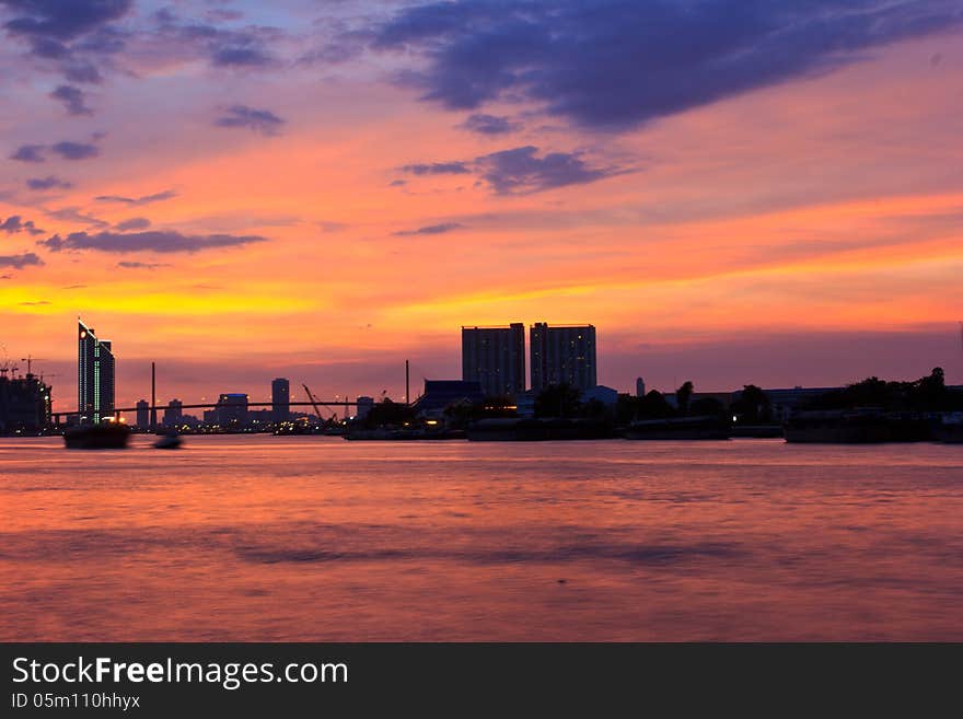 Bhumibol  bridge  area at twilight