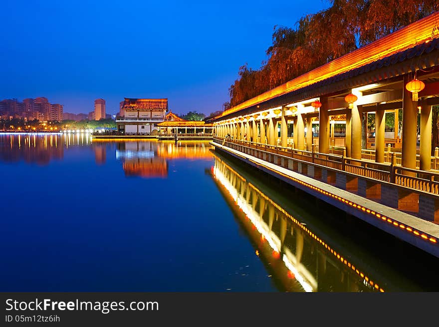 The long corridor and lake_night_landscape_xian