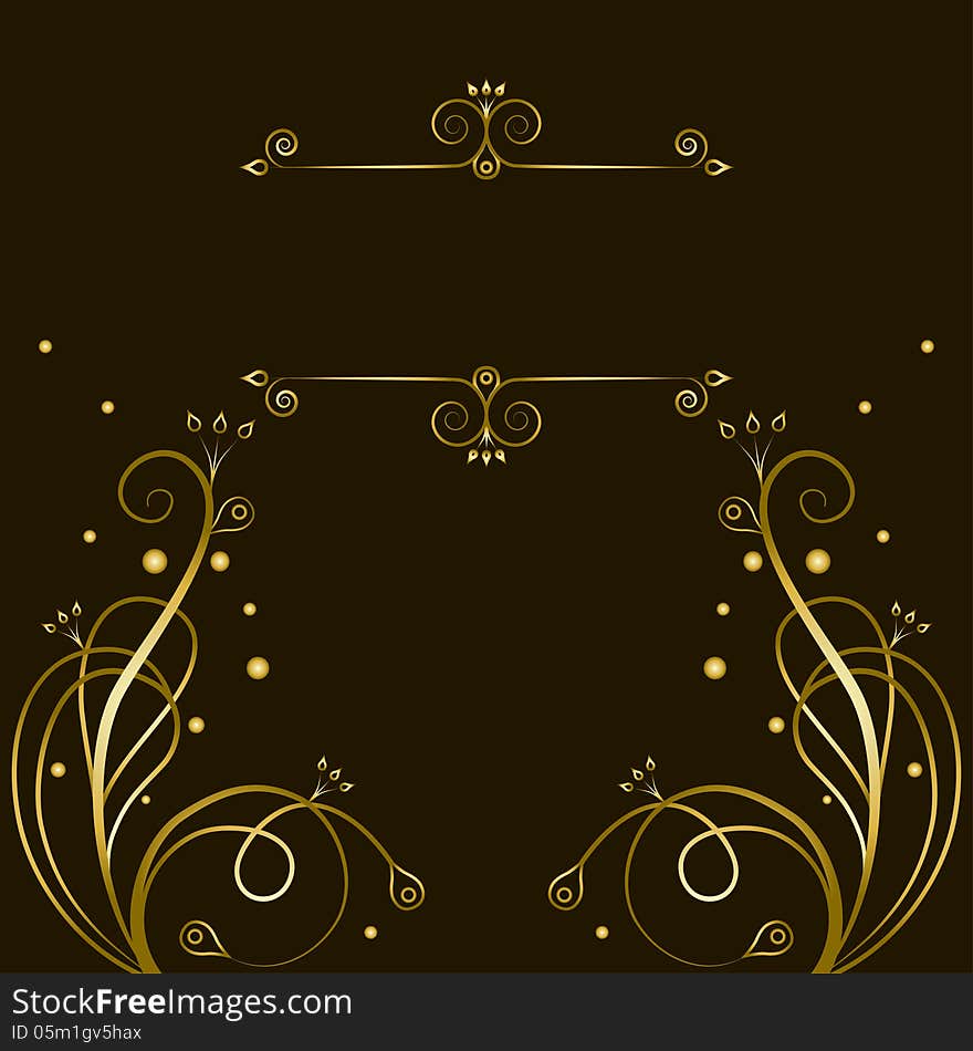 Gold elegant ornament with frame for text on dark brown background. Vector illustration. Gold elegant ornament with frame for text on dark brown background. Vector illustration.