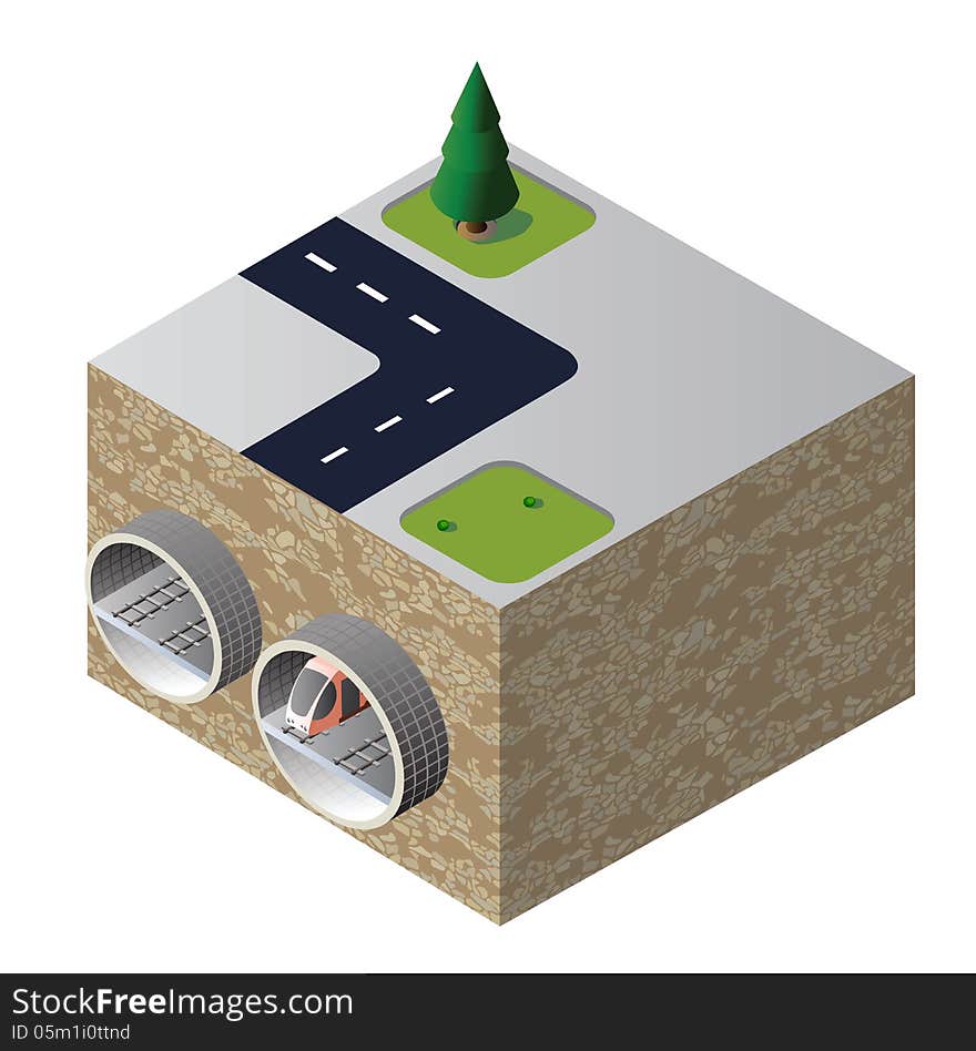 Vector isometric drawing of the tunnel with a train. Vector isometric drawing of the tunnel with a train