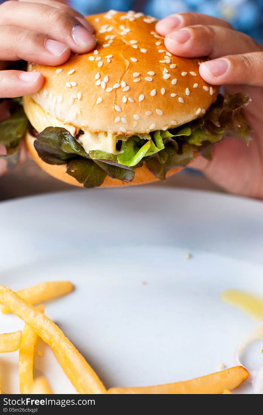 Hand holding a cheeseburger with french fries