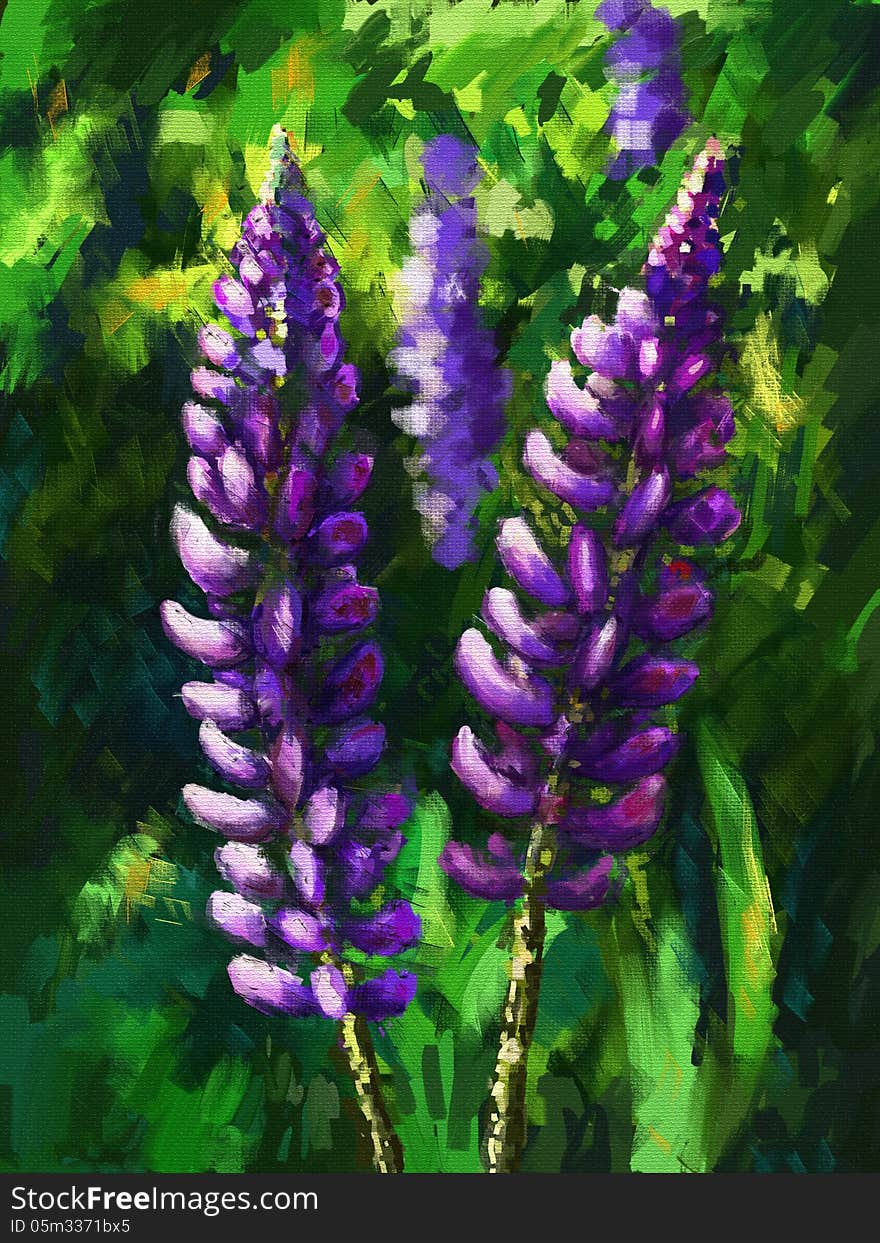 Lupine flower oil painting on canvas, painted tablet