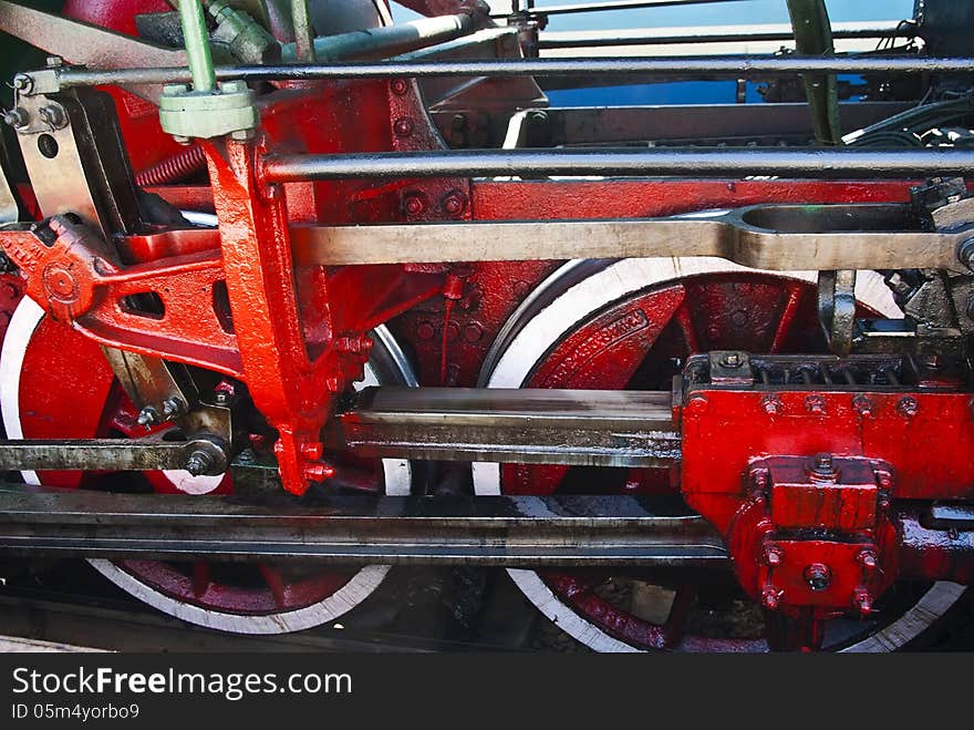 Wheels of the old steam locomotive close up