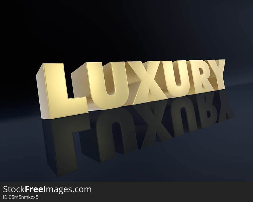 Text: luxury, in gold on dark background (3d render)