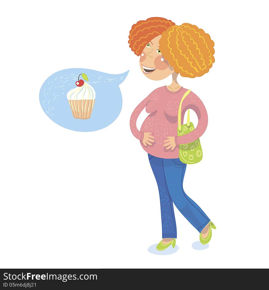 Happy pregnant woman dreams about cake. Happy pregnant woman dreams about cake