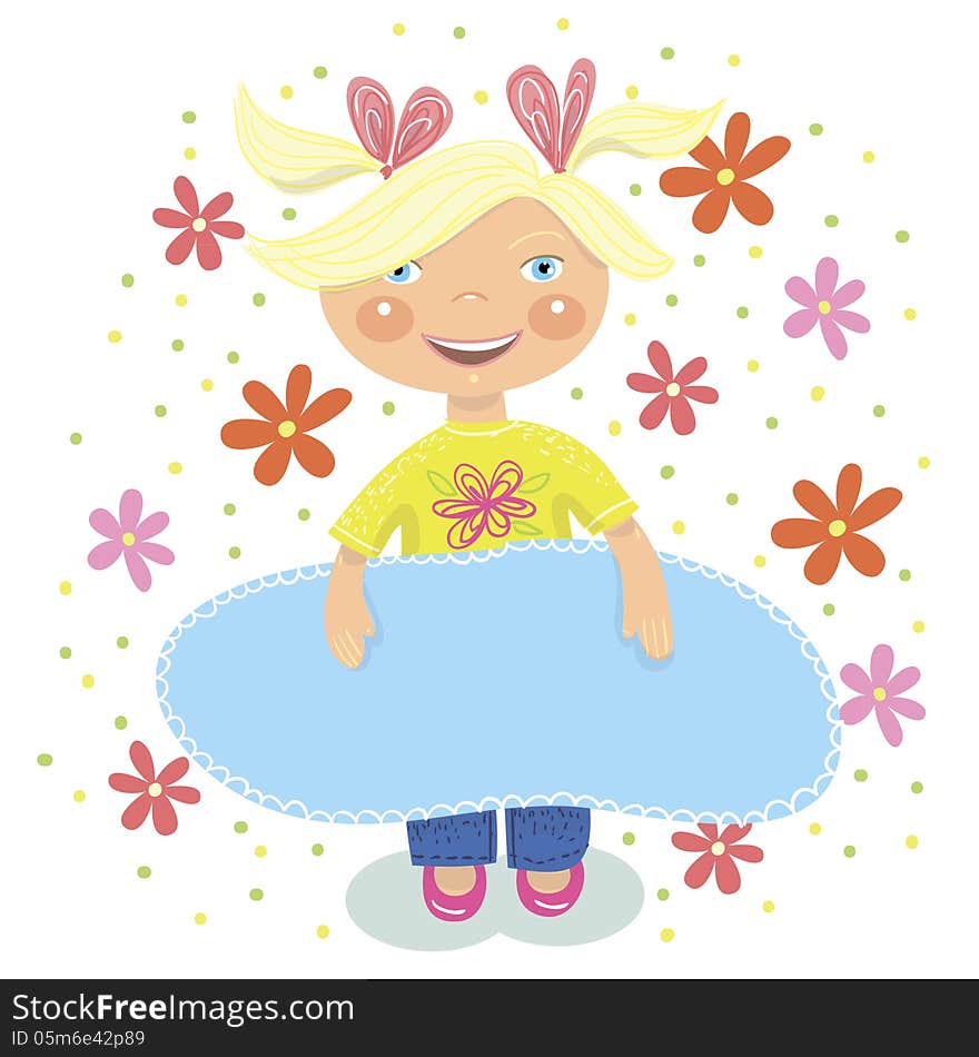 Illustration of little girl with blank placard. Illustration of little girl with blank placard