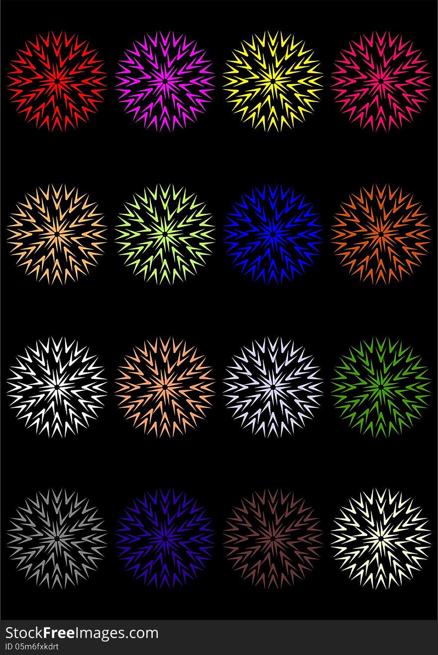 Various examples of balls fireworks on a black background with slots. Various examples of balls fireworks on a black background with slots.