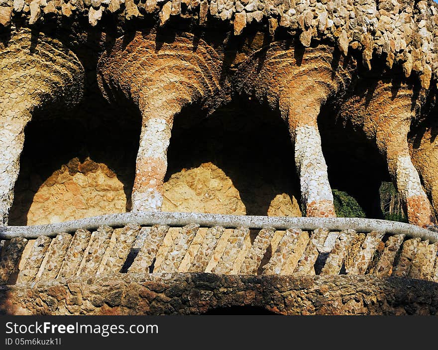 Columns Stone Aqueduct. Barcelona Landmark, Spain.