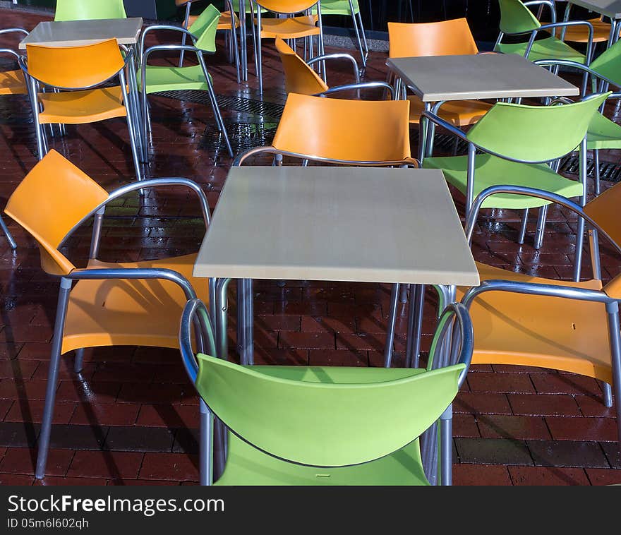 Empty dining cafe color chair tables. Empty dining cafe color chair tables