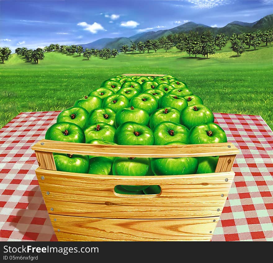 Green apples in a wooden box on a table, with landscape and apple-trees at the background.