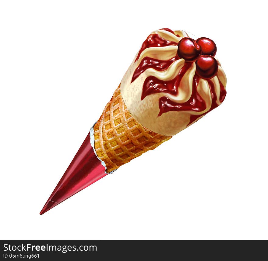 Ice-cream cone with black cherries and vanilla flavors.