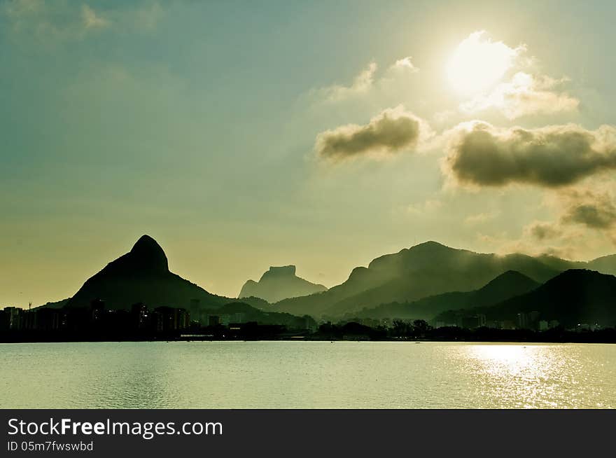 Sun above mountains in Rio de Janeiro,. Sun above mountains in Rio de Janeiro,