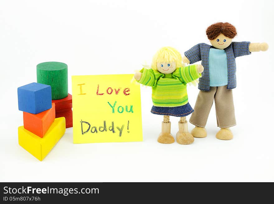 Father and daughter wooden toys with card