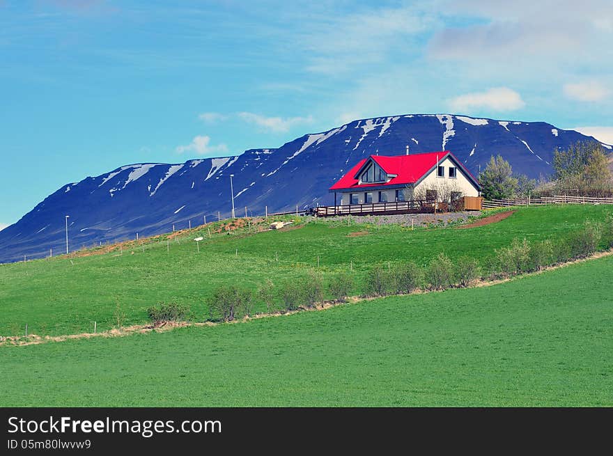 Red white house and mountain in Iceland