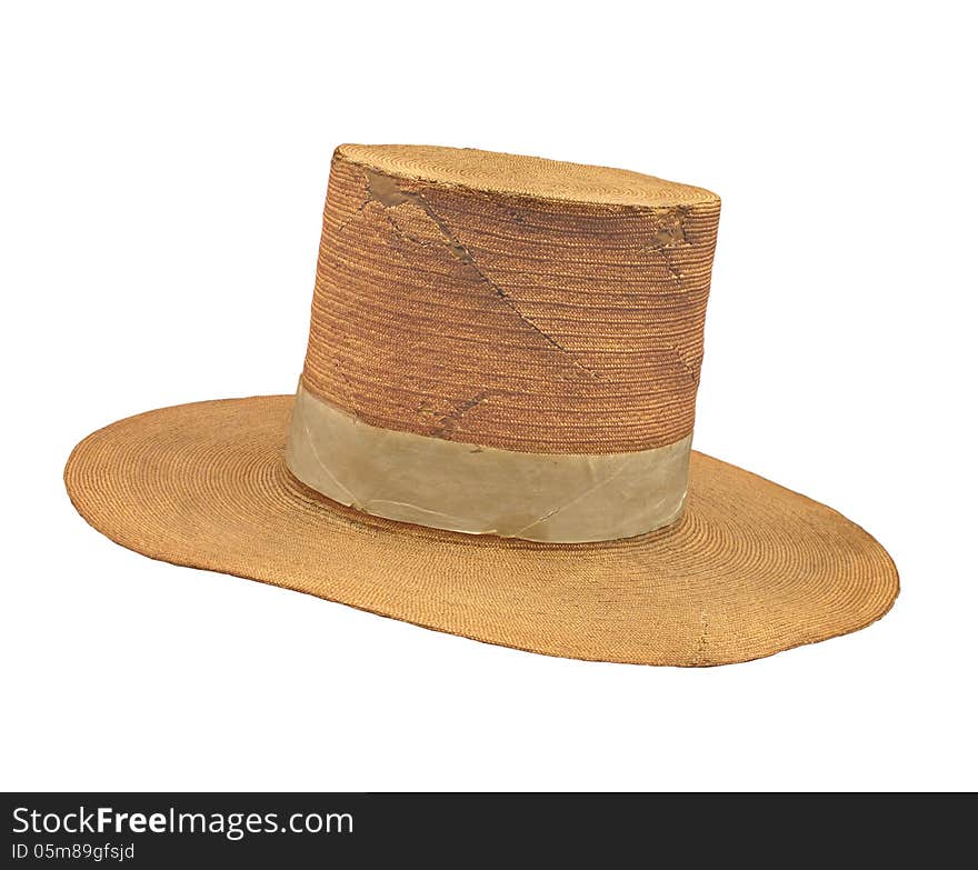 Old high-top southern plantation style straw hat with flat brim. Isolated on white. Old high-top southern plantation style straw hat with flat brim. Isolated on white.