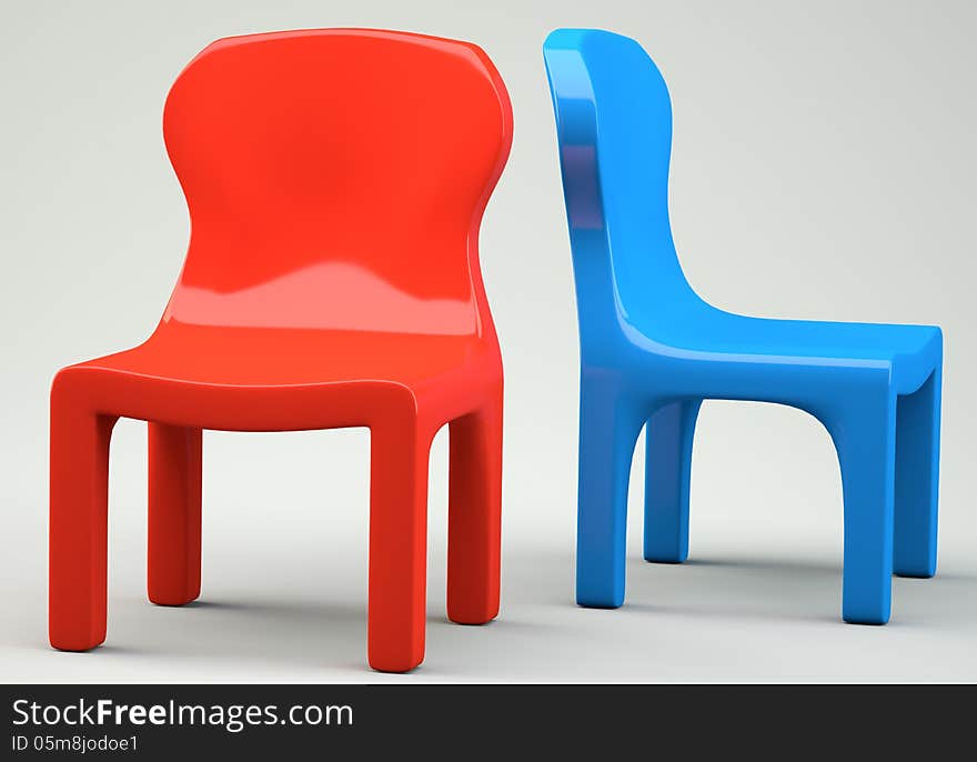 Red and blue cartoon-styled chairs. 3d illustration