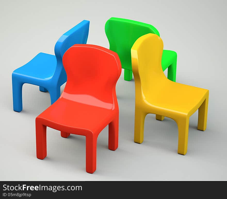 Four colored cartoon-styled chairs