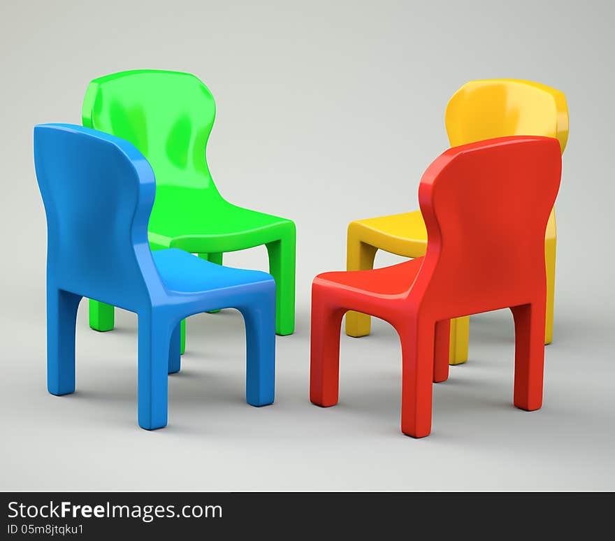 Four colored cartoon-styled chairs. 3d illustration