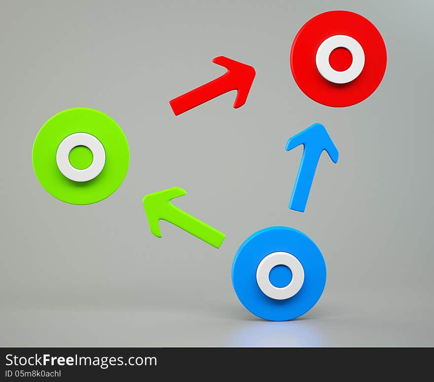 Circles with arrows on grey background. 3d illustration