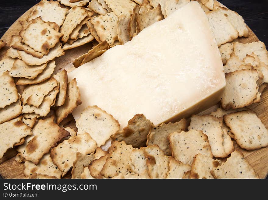 Appetizer of cheese and crackers. Appetizer of cheese and crackers