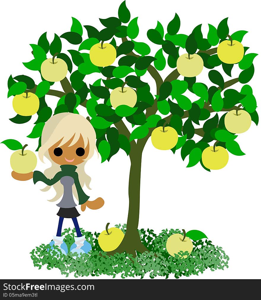 A girl who stands still under the pear tree.