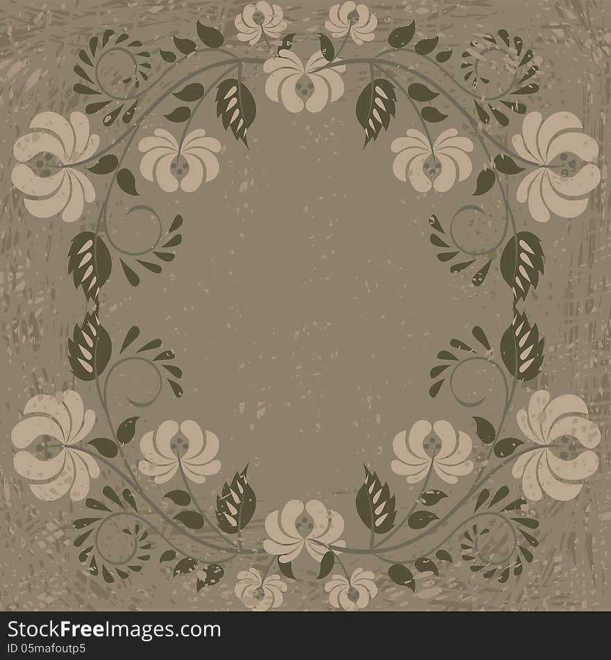 Vintage card with floral pattern frame on grunge background