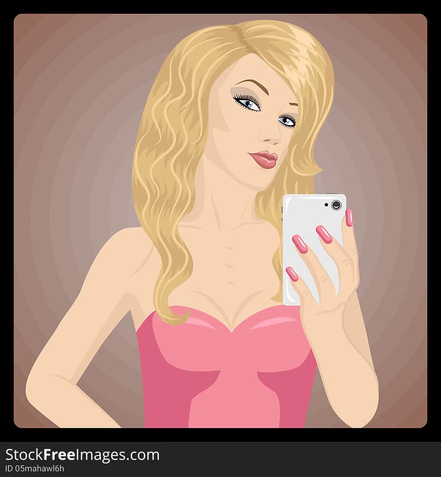 Blonde woman is taking self portrait with his phone in a mirror reflection. Blonde woman is taking self portrait with his phone in a mirror reflection