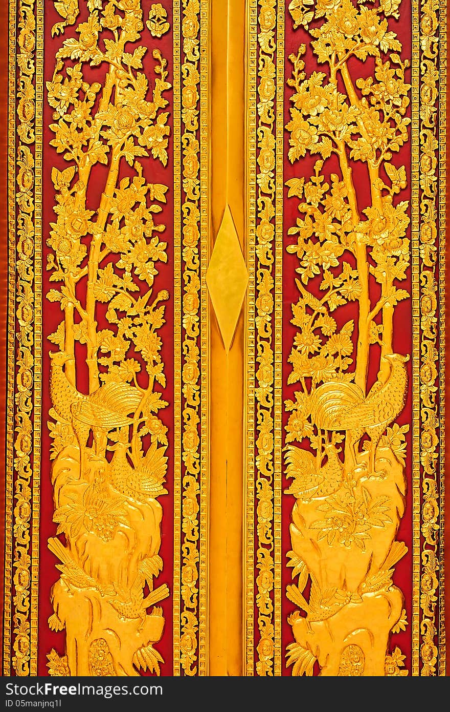 Carved Wood Door of Buddhist Church, Bangkok